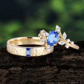 Nature-Inspired 6-Prong Oval Cut Sapphire Engagement Ring Set